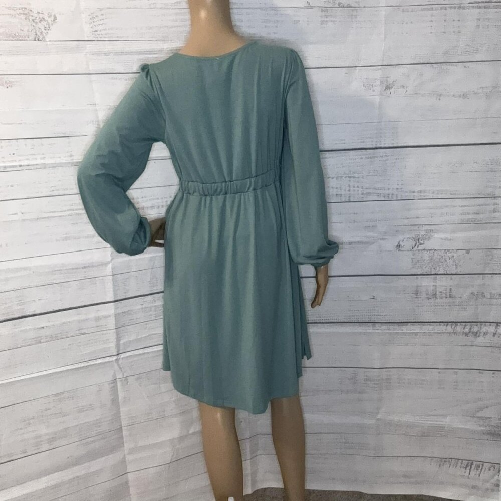 NWOT Green Button Up High Waist Long Sleeve Dress - Picture 4 of 6
